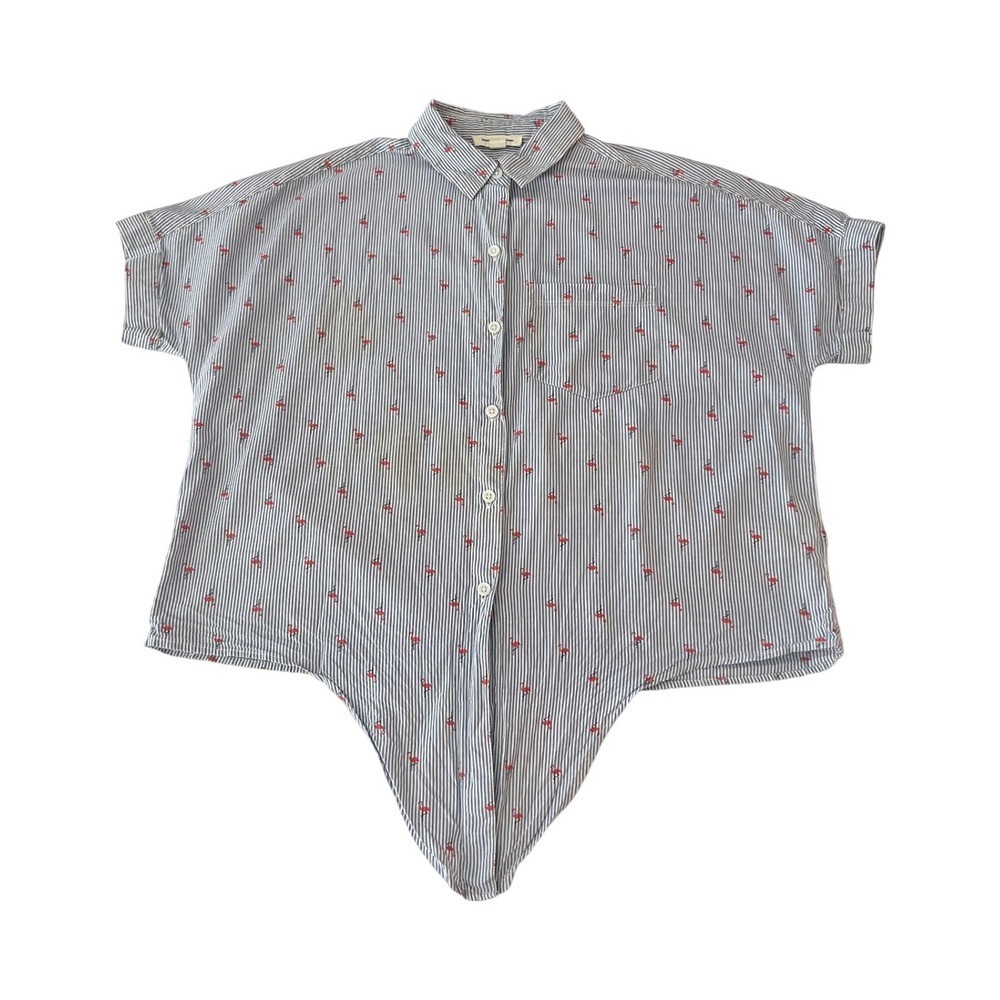 Beachlunchlounge Blue White Flamingo Tie Front Button Down Shirt Small (0967)
